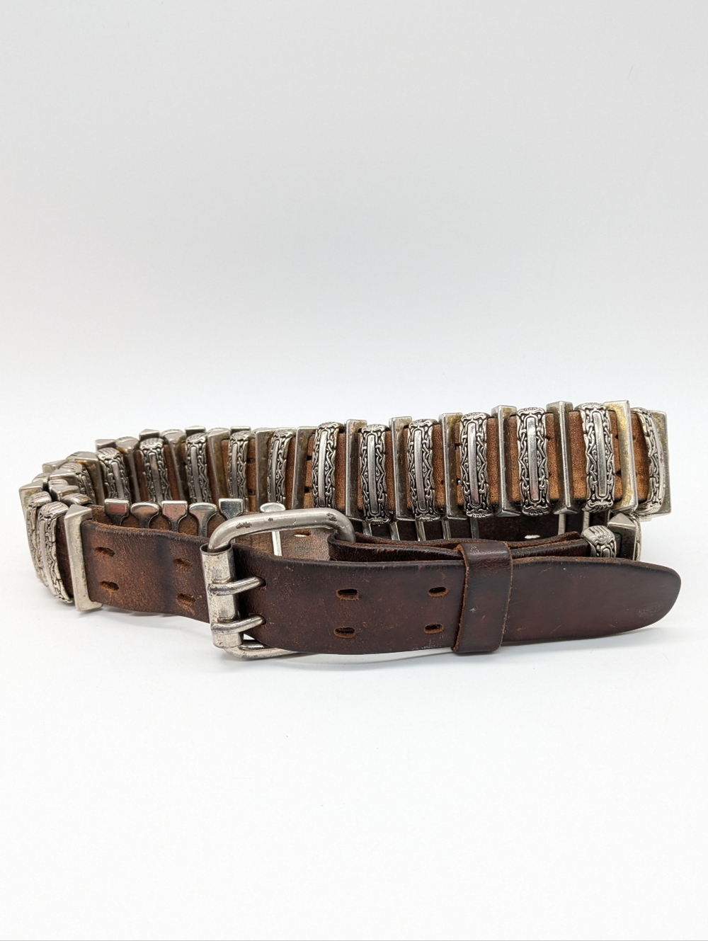 Brown Silver Ornate Slide Bead Leather Belt 34/85